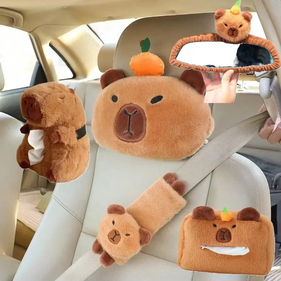 Car Neck Pillow Capybara Plush Shoulder Protection Cute Tissue Box Kawaii Car Decoration of Car Supplies Lovely Plushie Toy Gift